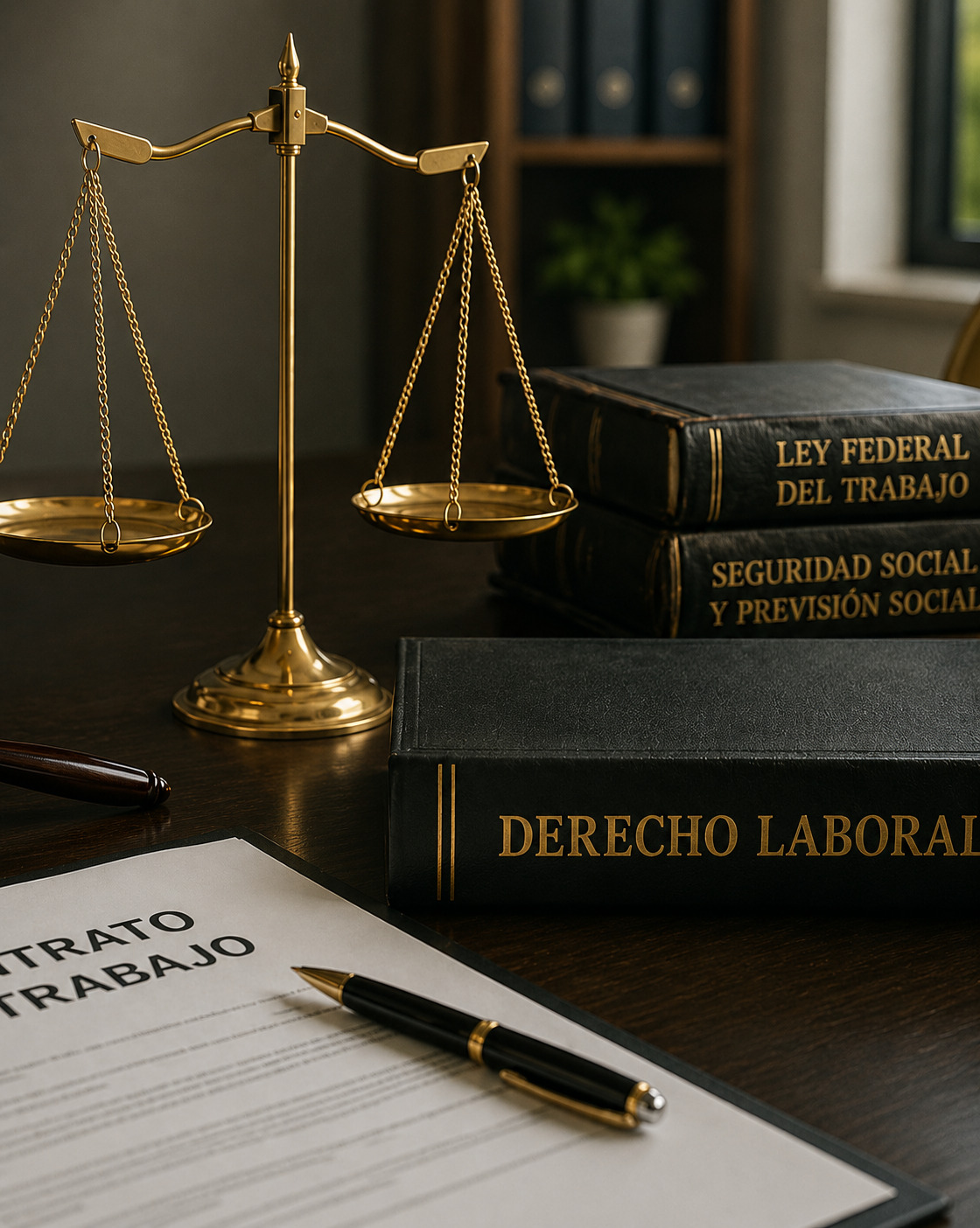 Balanza de la justicia y libros de Ley Federal del Trabajo